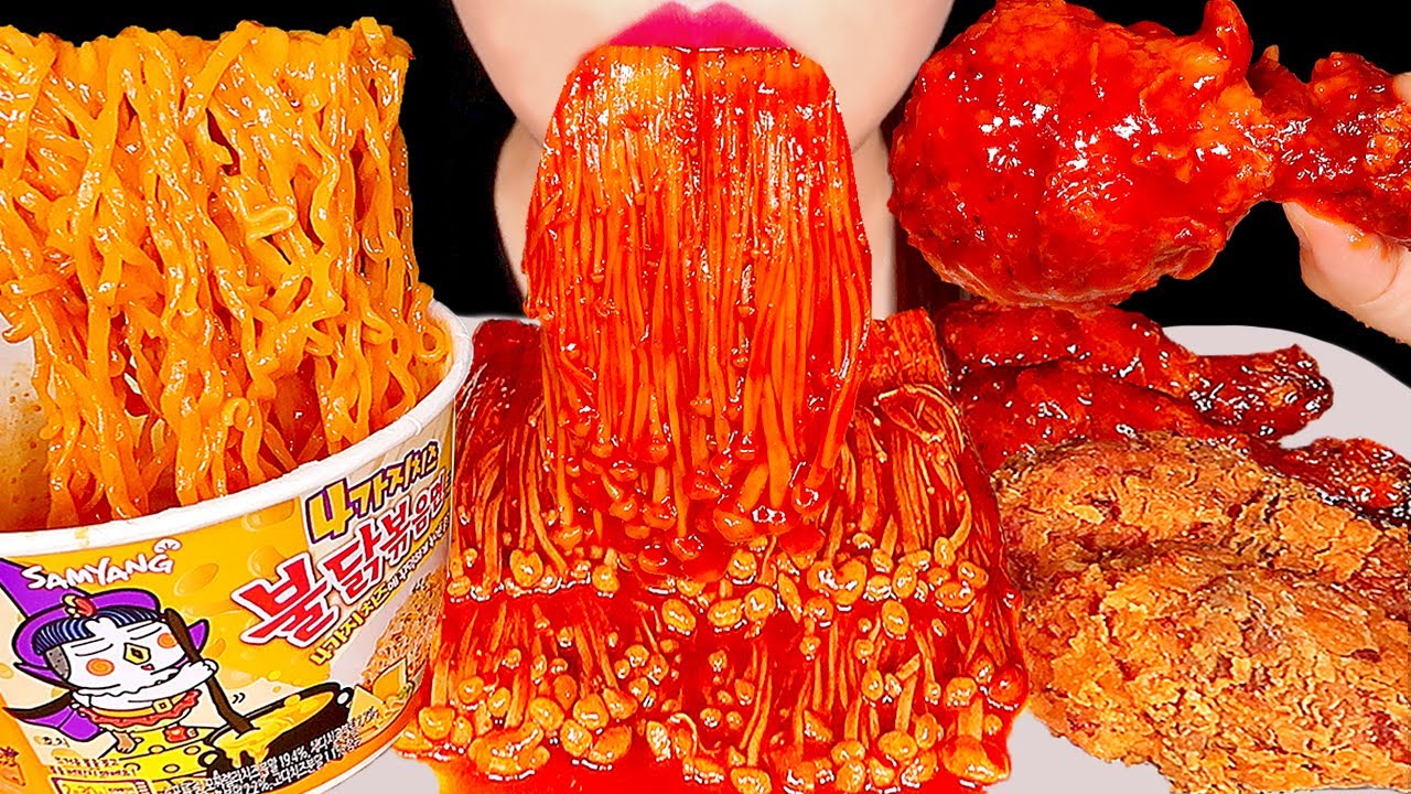 ASMR SPICY ENOKI MUSHROOMS, FRIED CHICKEN, FIRE NOODLES 불닭팽이버섯, 치킨, 불닭볶음면 먹방 EATING SOUNDS MUKBANG