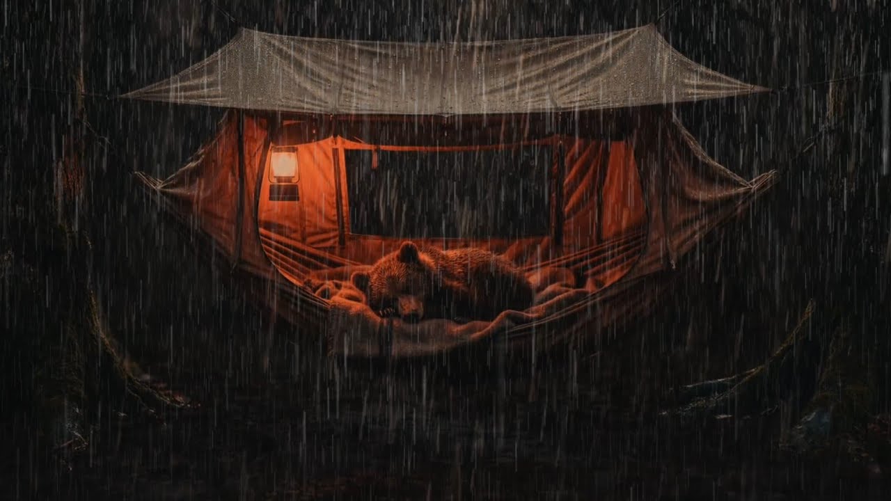 No Ads Relax Completely with Heavy Rain on a Cozy Forest Tent and Peaceful Bear Shelter Night