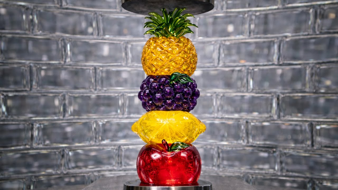 [ AI ASMR ] Hydraulic Press vs Glass Fruits 🍎🍇🍋🍍🗜️