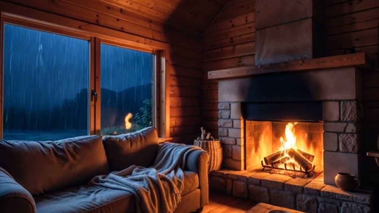Cozy Rainy Night in a Wooden Cabin Fireplace 🔥 Relaxing Rain Sounds for Sleep, Study & Stress Relief