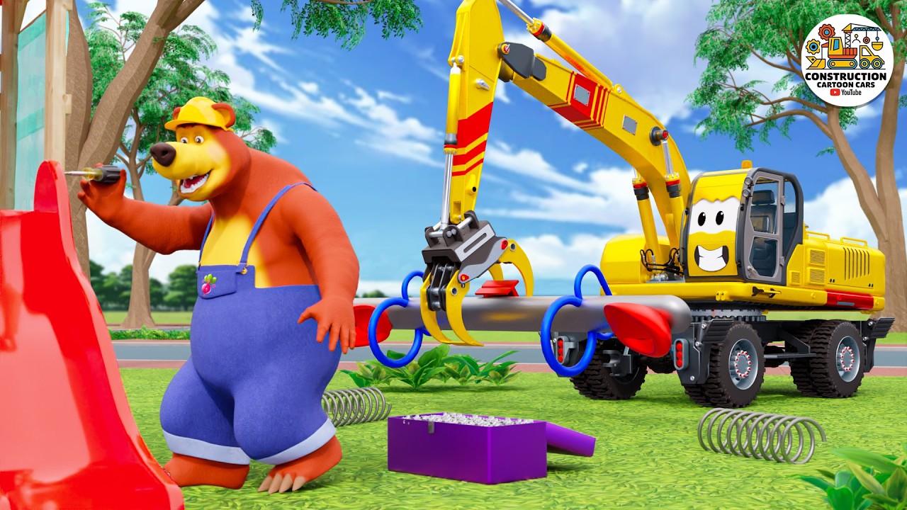 3D Construction Project: Bears, Excavators, Dump Trucks, And Fire Trucks Repairing The Park