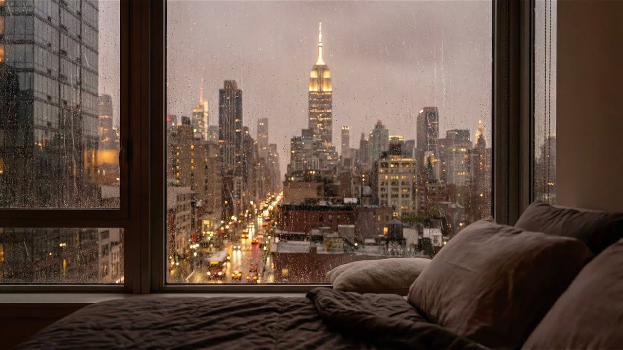 New York City Rainy Evening Winter Ambience to Sleep, Relax, Focus 😴🌧️❄️ (Rain, City Sound)