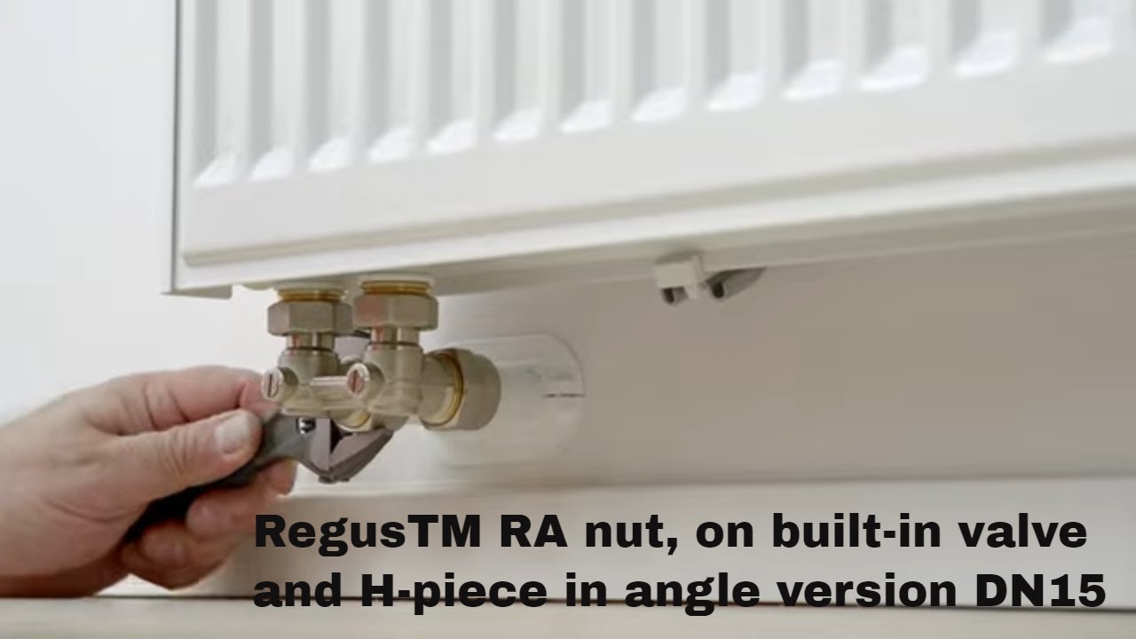 Regus™ RA nut. Installation of thermostat on built-in valve and H-piece in angle version DN15