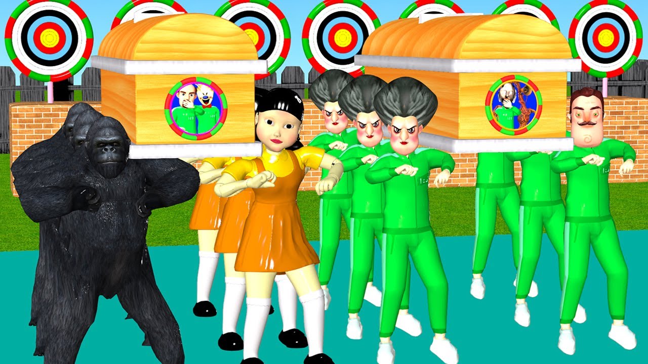 Squid Game vs Scary Teacher 3D Miss T vs 6 Neighbor Archery with Number Target and Deep Hole Funny