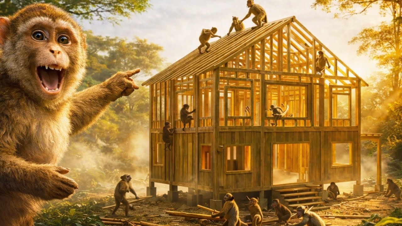 Unbelievable! Indian Monkeys Build a Giant Wooden House in the Jungle 😱🐒