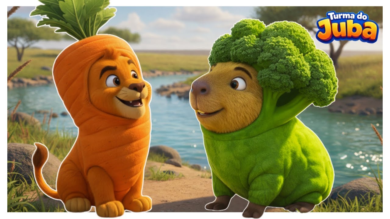 O leãozinho Juba e capivarinha Capi mostram como é bom comer legumes.