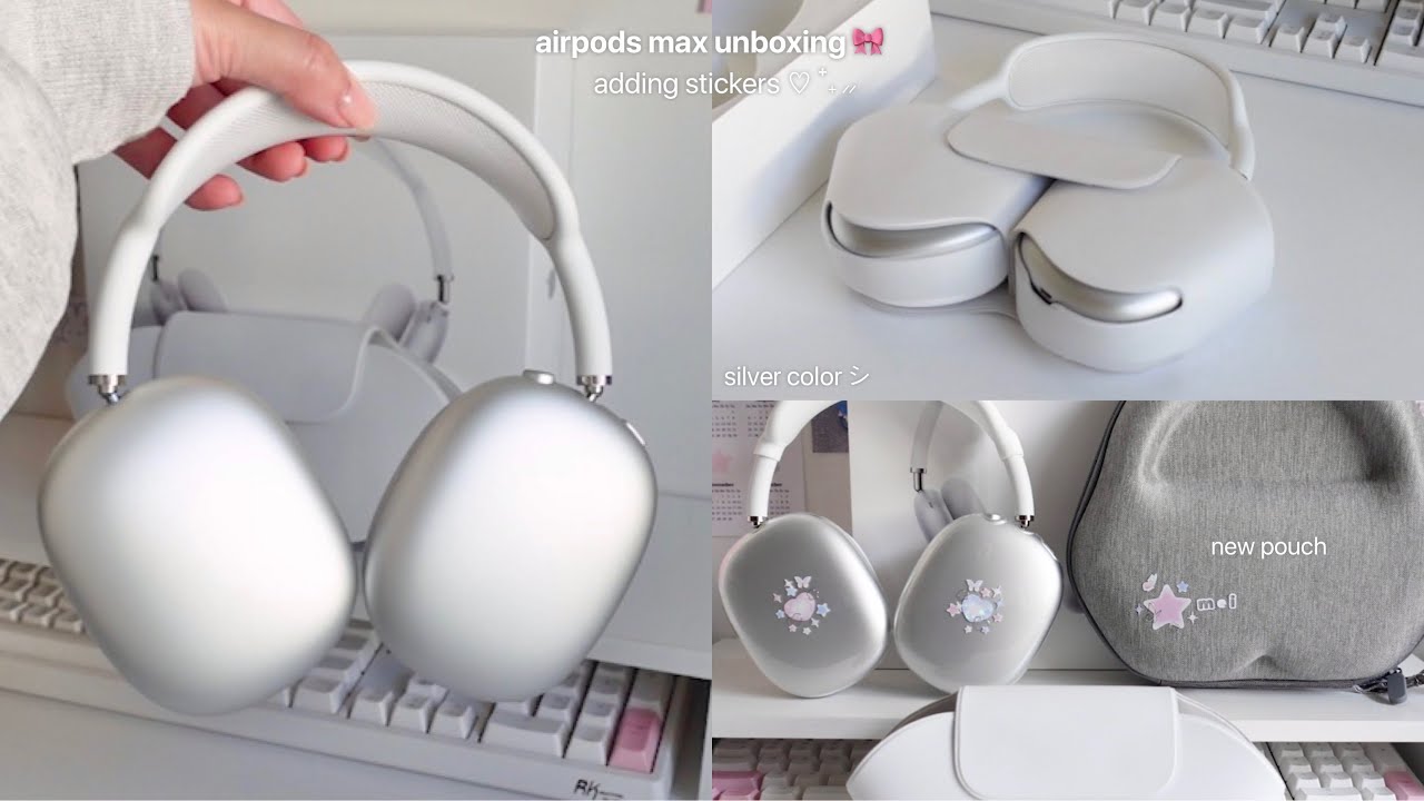 airpods max unboxing 🎀🎧 | aesthetic accessories, stickers deco & new pouch ◡̈