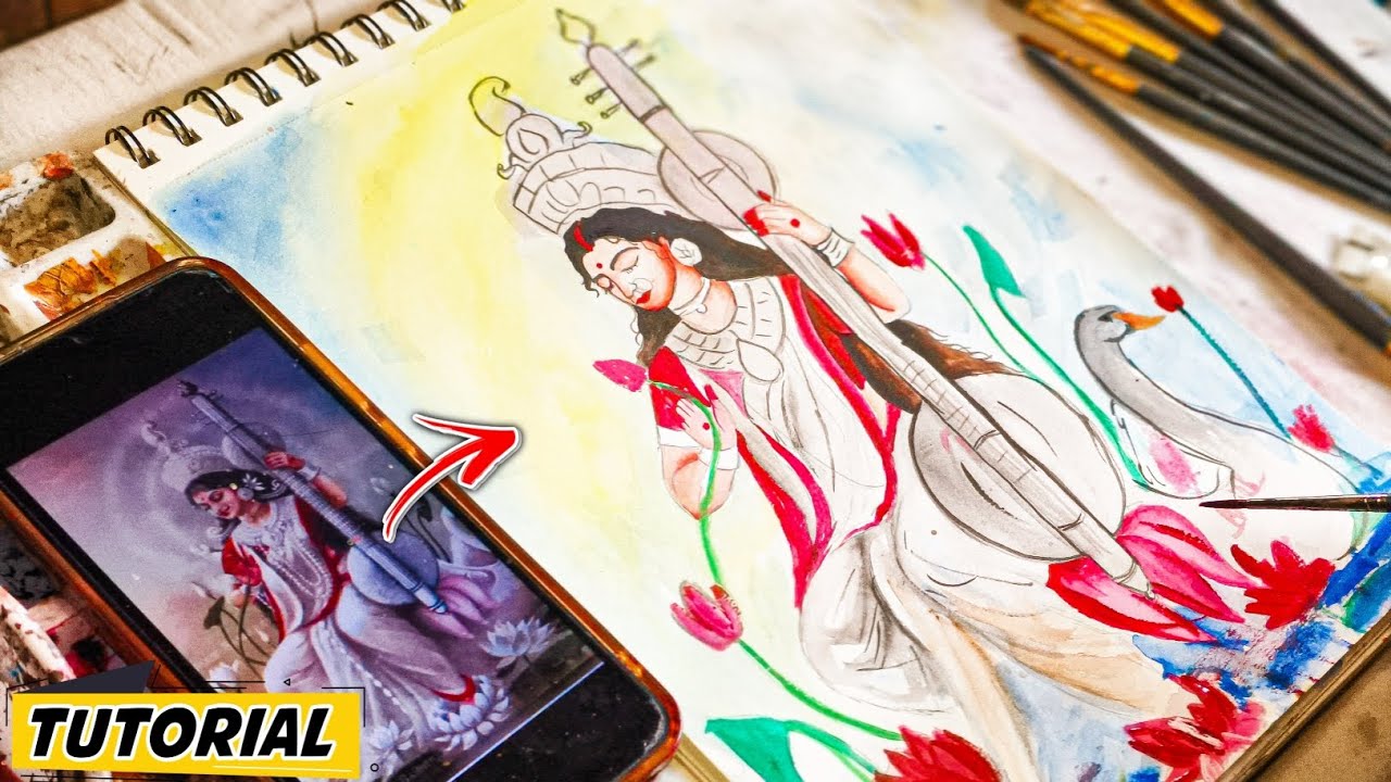 How To Draw Saraswati Devi, Watercolor Painting, Step By Step Tutorial 😍 | (Part 2)