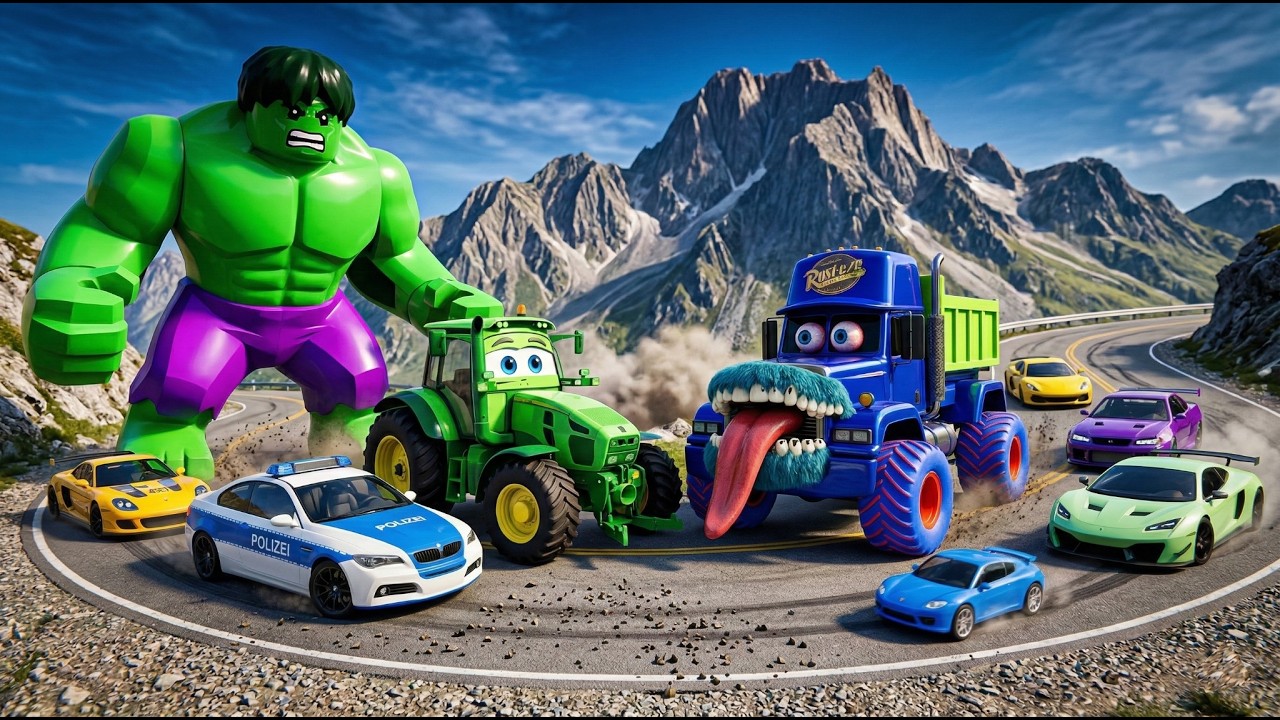 Big & Small McQuenn Tractor & Police Car vs Zombie Mack & Hulk – Giant Water Pit - BeamNG.drive