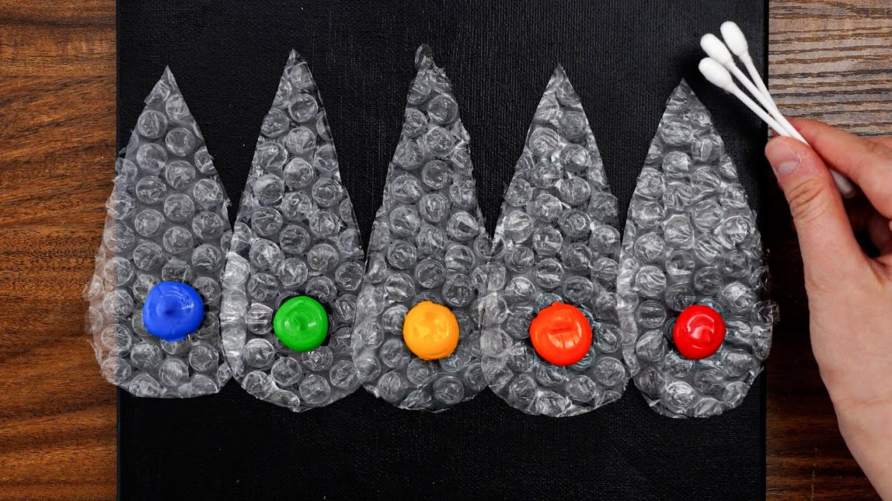 Easy Acrylic Painting With Bubble Wrap, Cotton Swab For Beginners on Black Canvas #1141