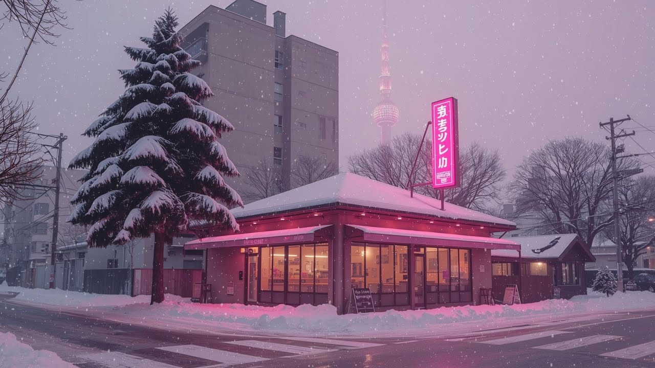 Pink Neon Café in Japan 🌸 Winter Lofi Chill Ambience for Late Night Relax