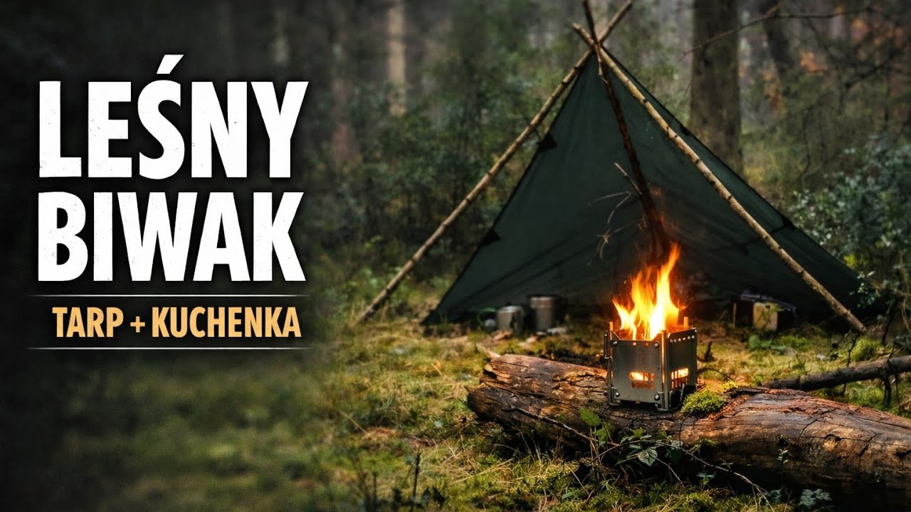 Biwak pod tarpem w lesie
