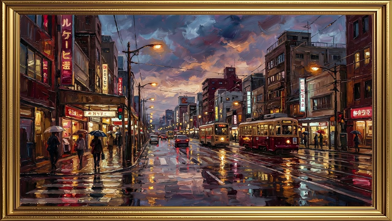 Rainy Tokyo Evening Street Painting | Cinematic Oil Art Ambience – 4K Silent Art Screensaver Loop