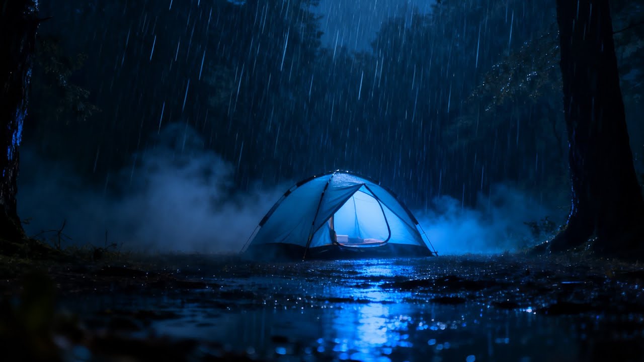 Alone in a Blue Forest Night as Heavy Rain Falls