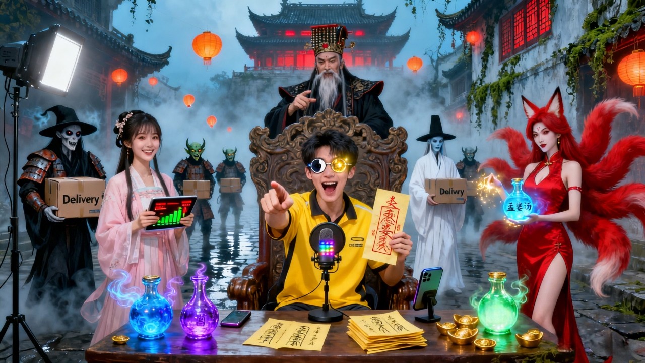 地府經濟癱瘓 300 載，奈何橋堵到鬼哭狼嚎，孟婆湯堆成山滯銷，閻羅王愁得鬼火冒，地府官員餓到啃桌腳！外送員送餐被撞墜黃泉，掏出手機打通陰陽界直播帶貨，驅邪好物遭瘋搶，一手逆轉地府窮酸命！ #短剧