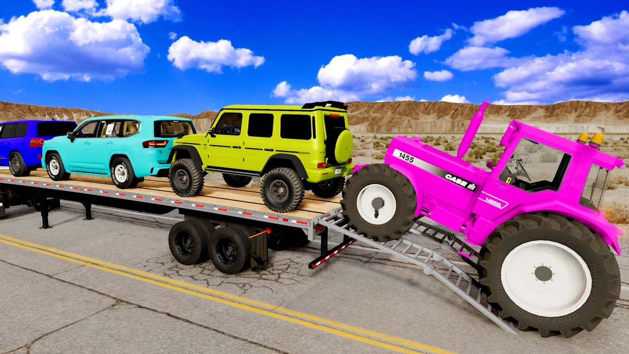 Flatbed Trailer McQueen Transportation with Truck - Speedbumps vs Cars vs Train - BeamNG.Drive #033