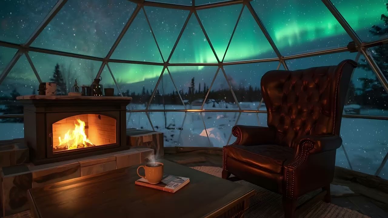 Scandinavian Glass Cabin Under the Aurora | Cozy Arctic Fireplace Ambience (4K)
