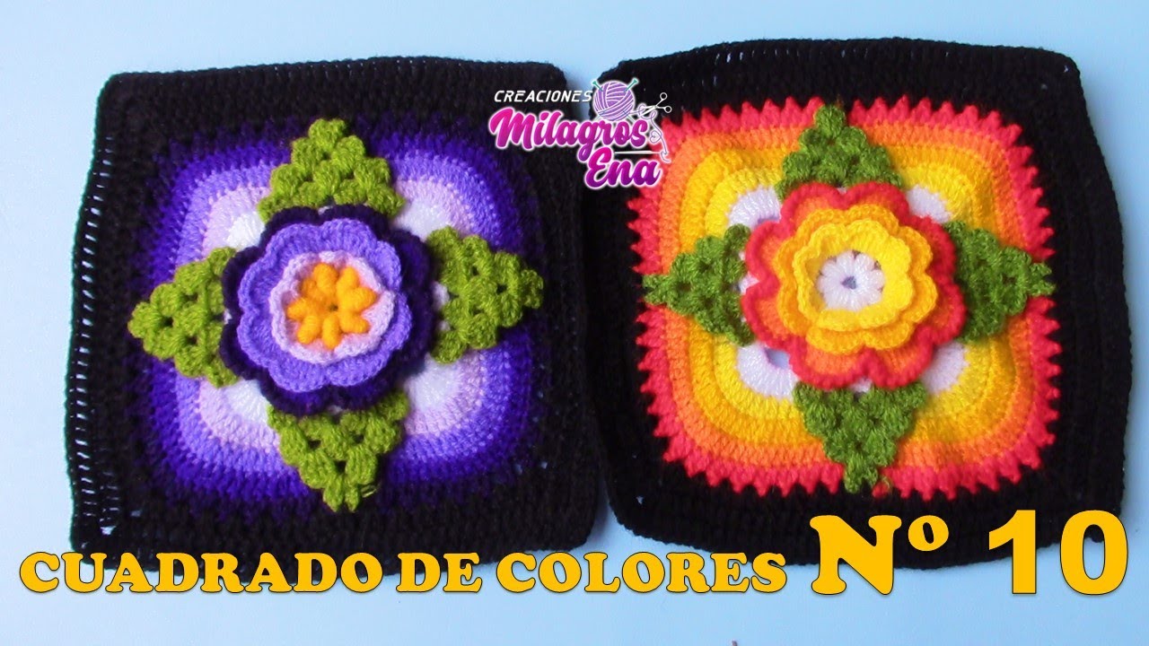 Como tejer el Cuadrado o muestra de colores N° 10 a crochet para colchas y cojines paso a paso