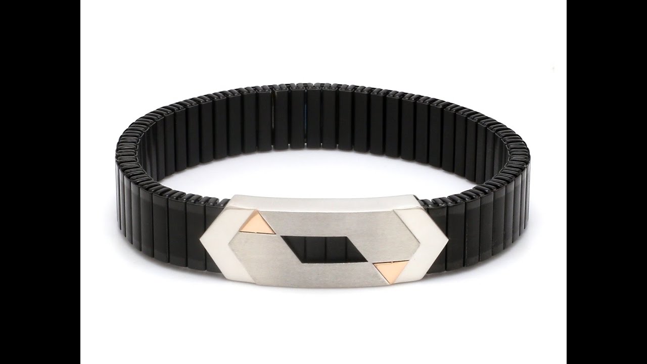 Platinum & Rose Gold Black Band Bracelet for Men - Flexible JL PTB 1088 - Jewelove
