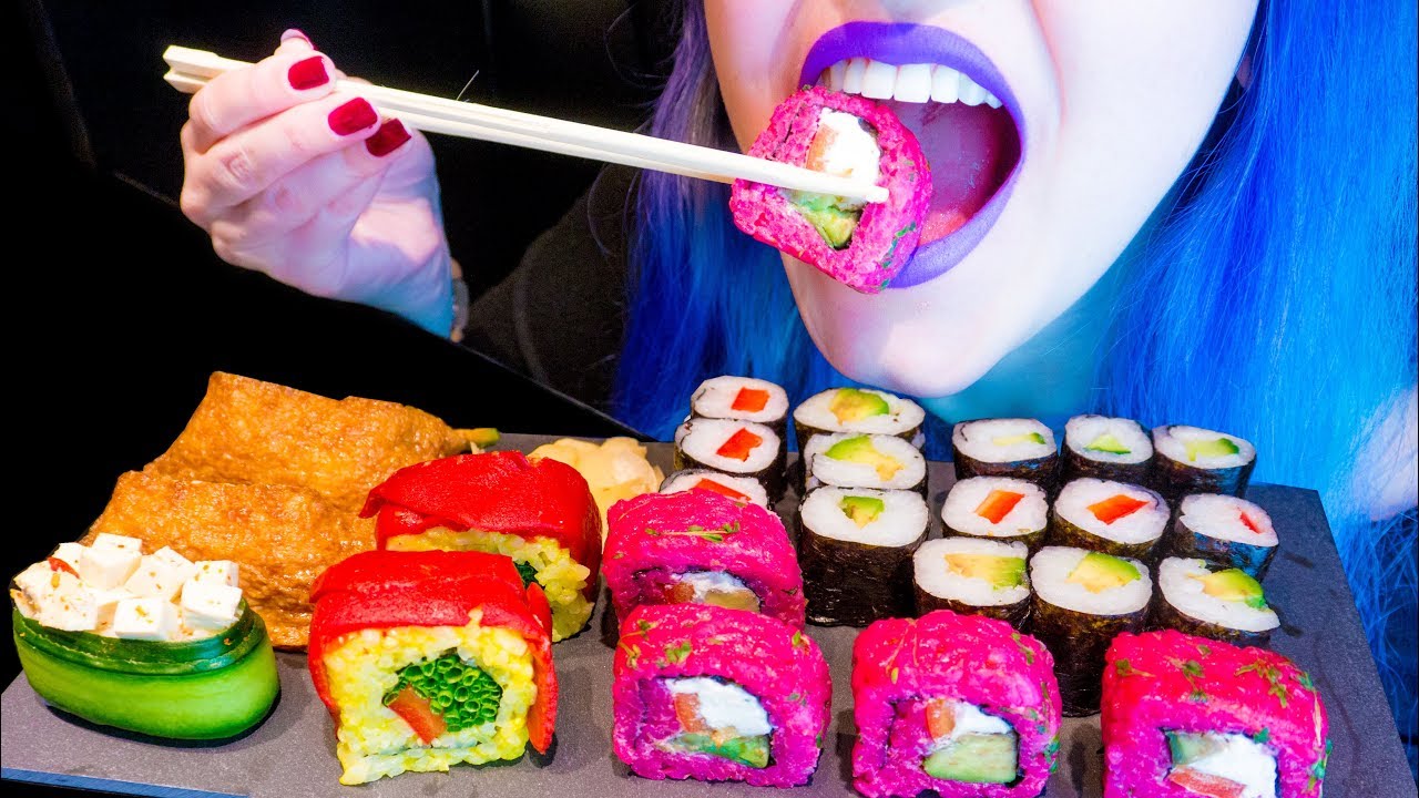ASMR: Colorful Sushi 🍣 Wood Tapping 👋 & Giveaway! 🎁 | 80k Special ~ Relaxing Eating Sounds [V] 😻