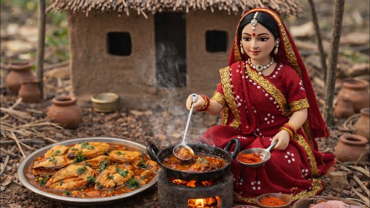 Miniature Doll Fish Cooking ASMR | Indian Village Tiny Kitchen Story