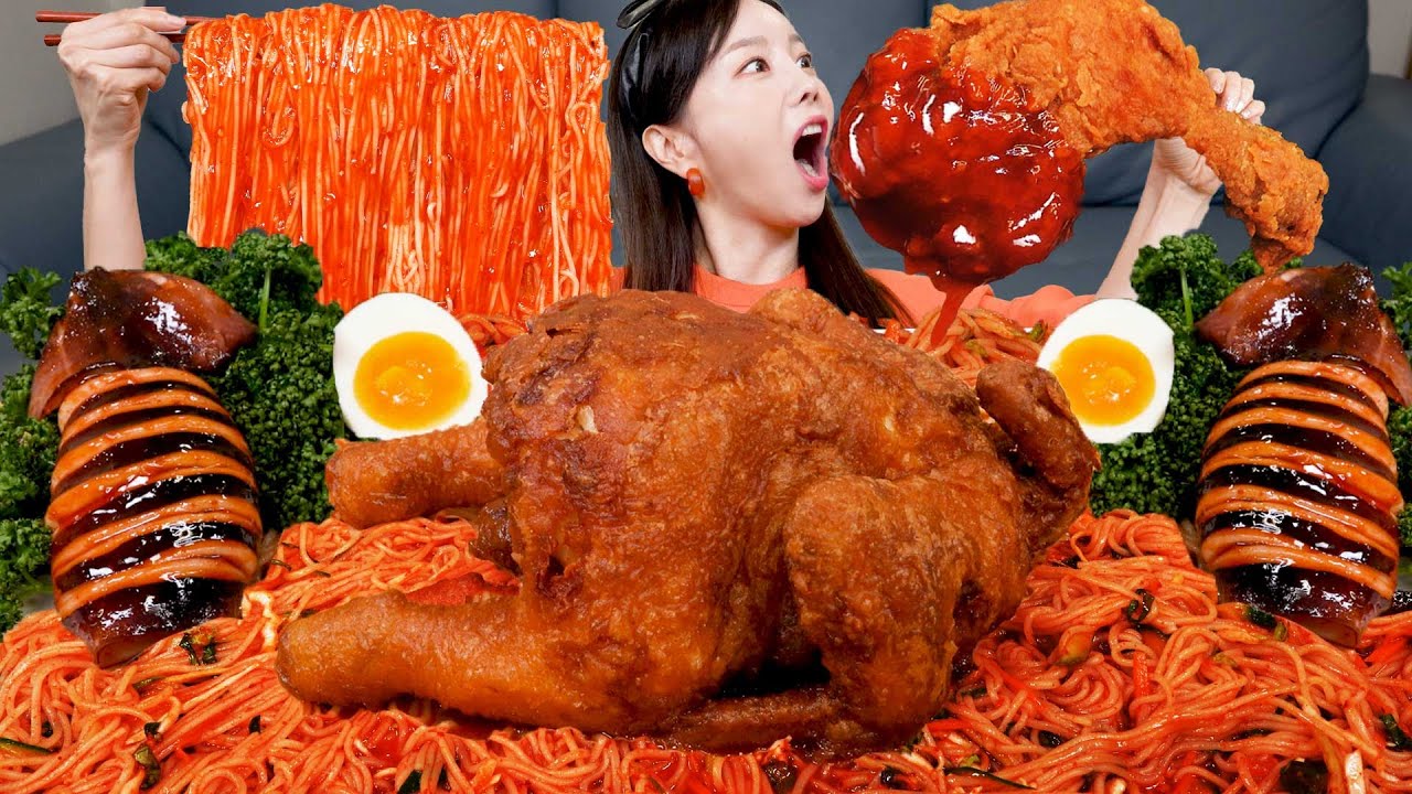 [Mukbang ASMR] Fried Chicken & Buldak Fired Squid Korean Spicy Noodles Seafood Recipe Ssoyoung