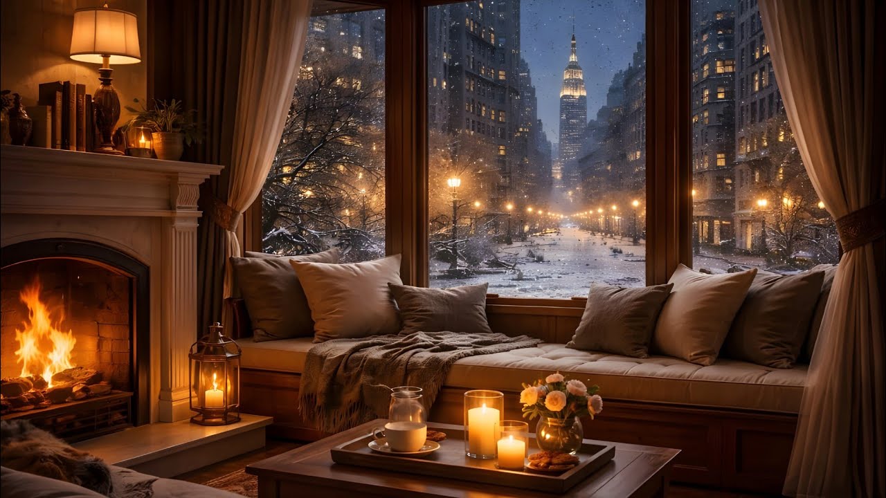 Snowy Night Jazz Piano ☕ Cozy Fireplace Ambience for Relaxing, Studying & Sleeping