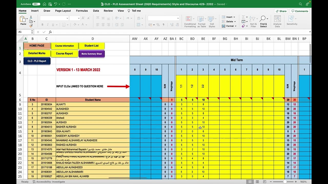 Measuring Course Learning Outcomes in Excel File