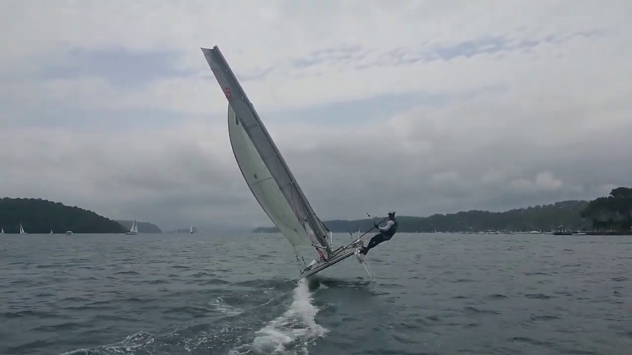 Viper F16 catamaran solo downwind with deck sweeper