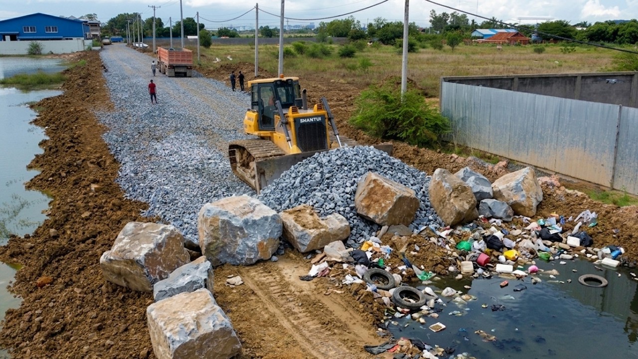 Full Video!! Best Techniques Poccesing Dozer Pushing Gravel Making Foundation Village Road