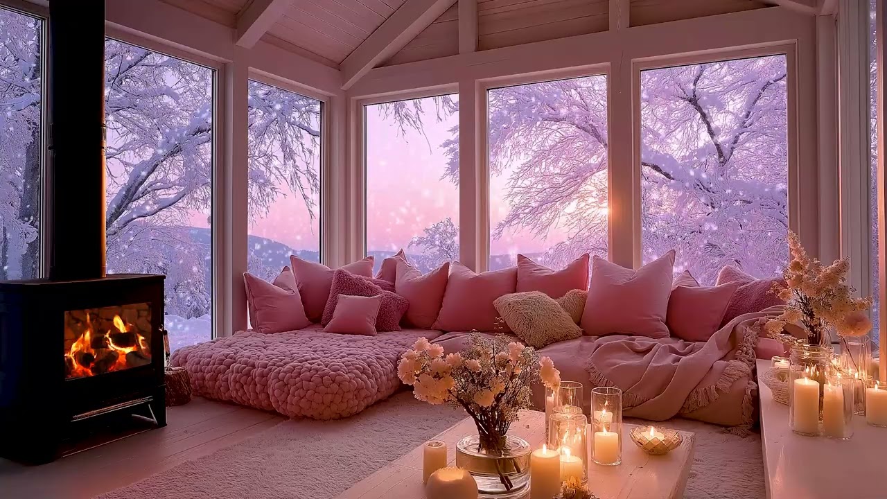 🌸❄️ Healing Cozy Winter Night for Sleep | Gentle Snow Wind Outside & Soft Fireplace Sounds