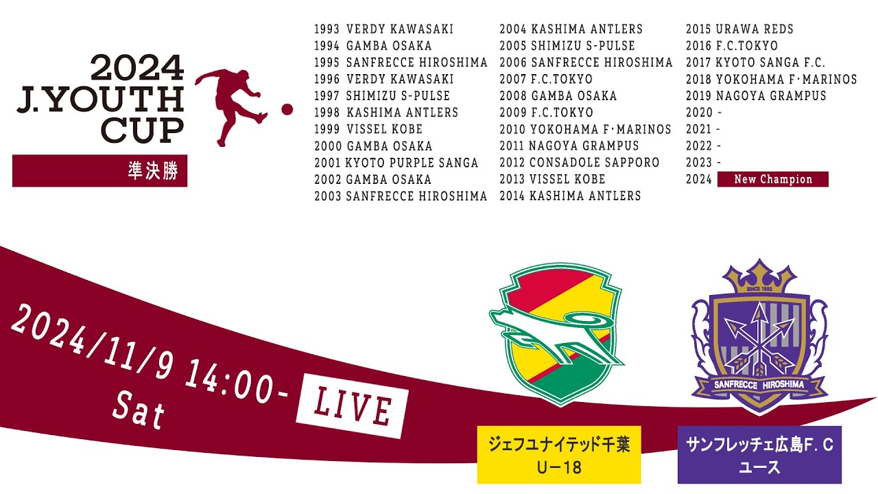 【Live配信】２０２４Ｊユースカップ　第30回Ｊリーグユース選手権大会　準決勝　ジェフユナイテッド千葉Ｕ－１８vs サンフレッチェ広島Ｆ．Ｃユース