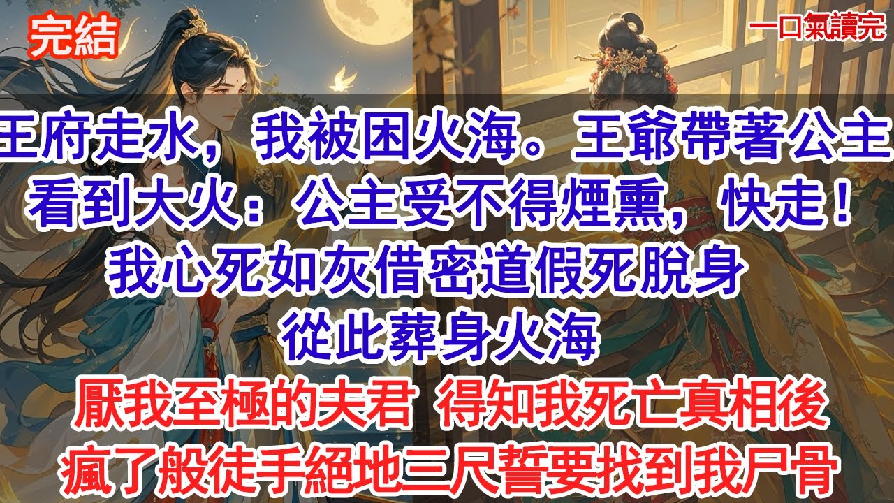王府走水，我被困火海。王爺帶著公主凱旋，看到大火：公主受不得煙熏，快走！我心死如灰借密道假死脫身，從此葬身火海，厭我至極的夫君 得知我死亡真相後，瘋了般徒手絕地三尺誓要找到我尸骨。