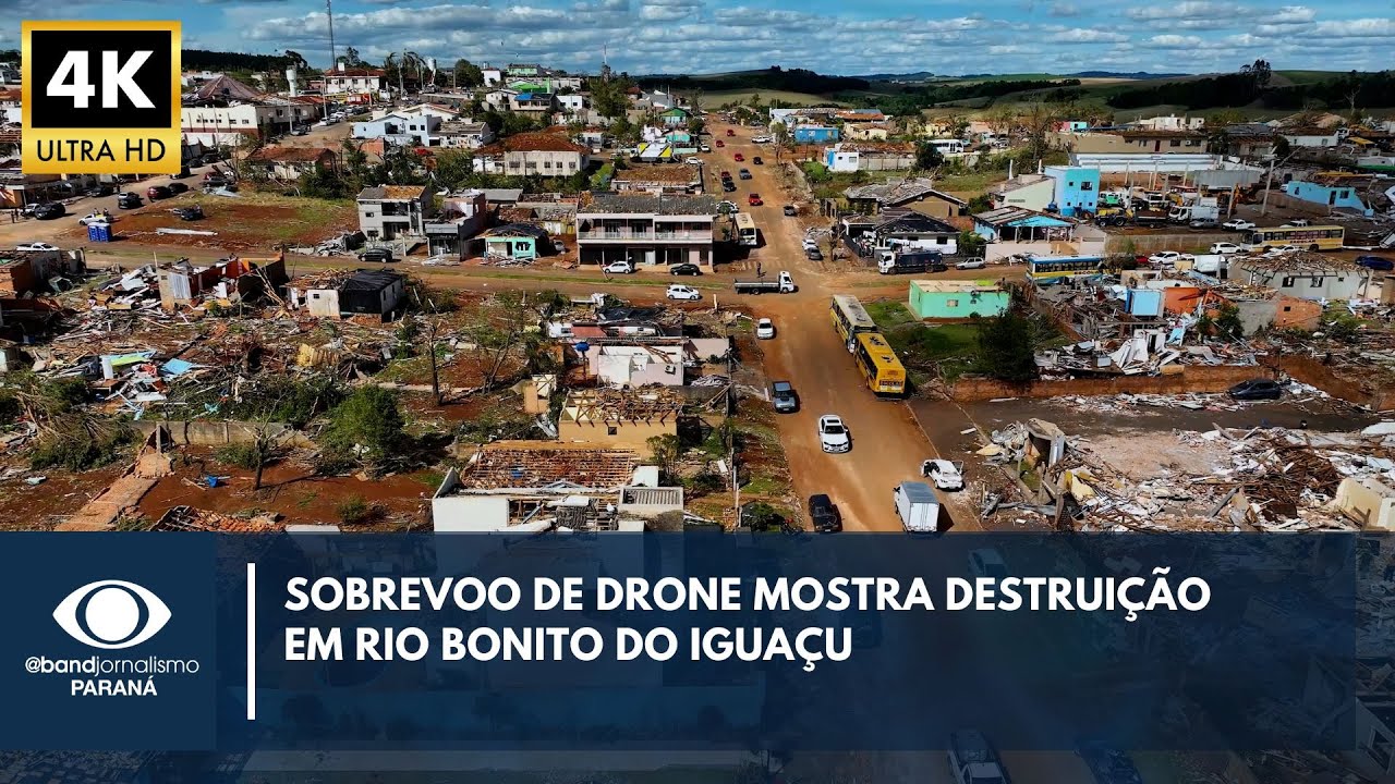 Drone mostra cidade de Rio Bonito do Igua&ccedil;u ap&oacute;s tornado que matou seis pessoas | Imagens em 4K