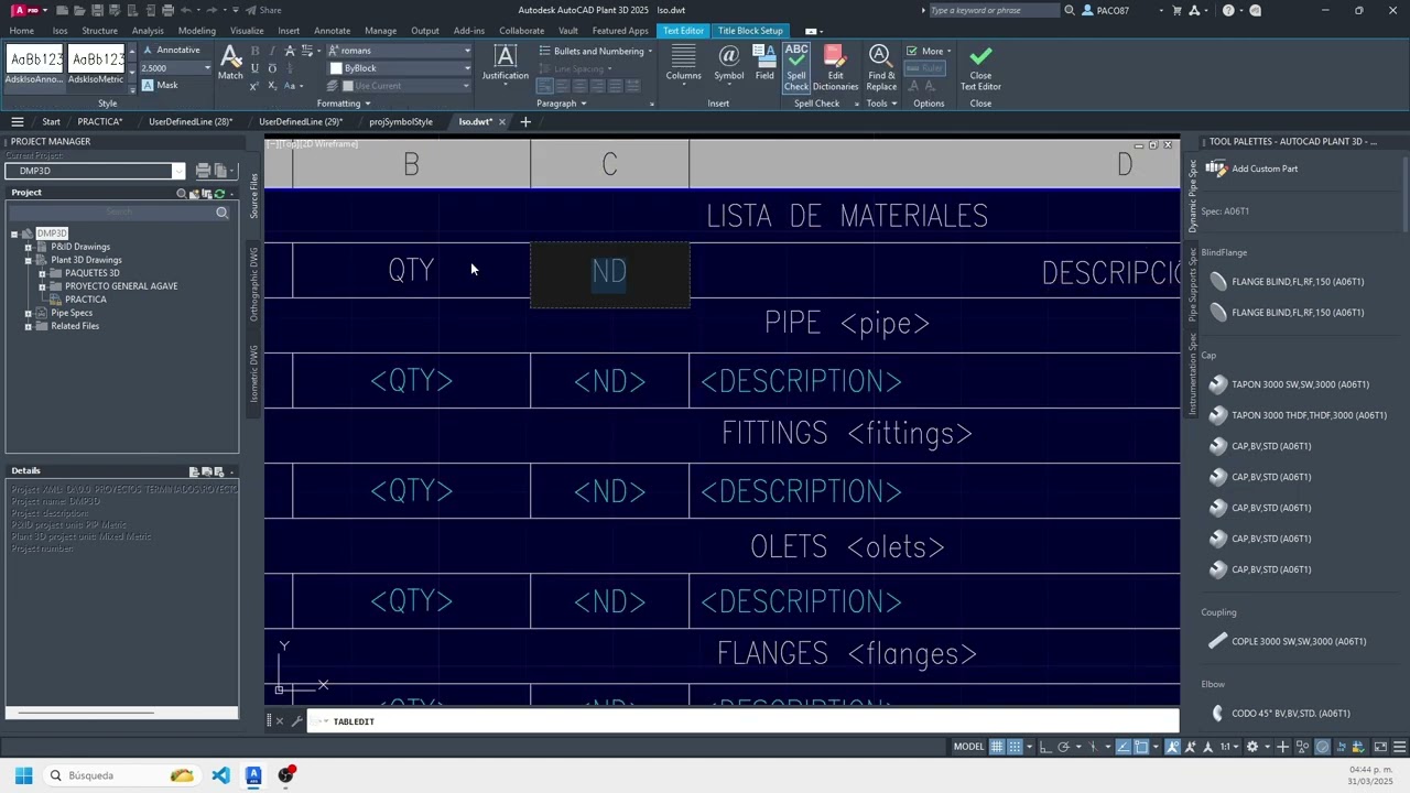 Como Editar  La Tabla De Materiales En AutoCAD Plant 3D