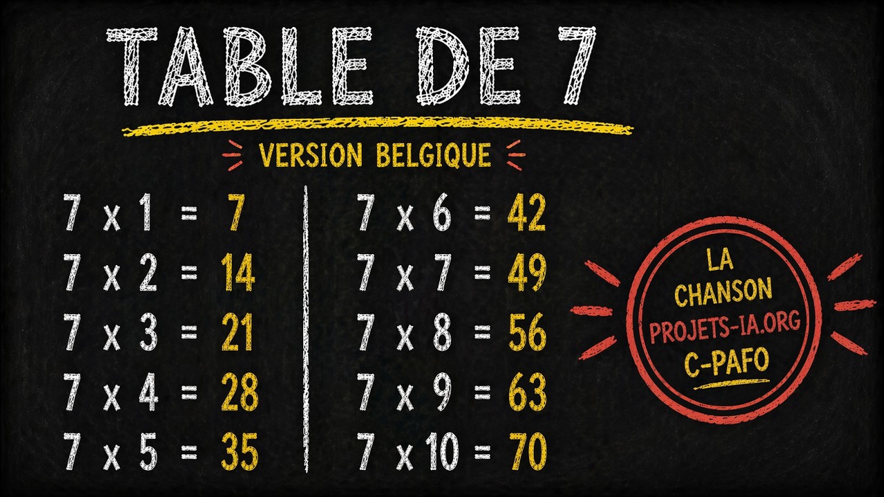 LA TABLE DE MULTIPLICATION PAR 7 (Chanson pour apprendre en s’amusant) - Version belge (septante)