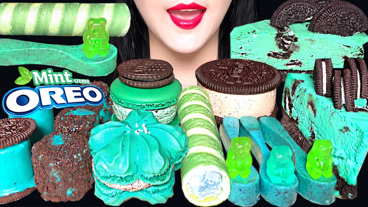 ASMR MINT OREO ICE CREAM, CAKE, EDIBLE SPOON CHOCOLATE, MACARON MUKBANG 민트 오레오 디저트 먹방 EATING SOUNDS