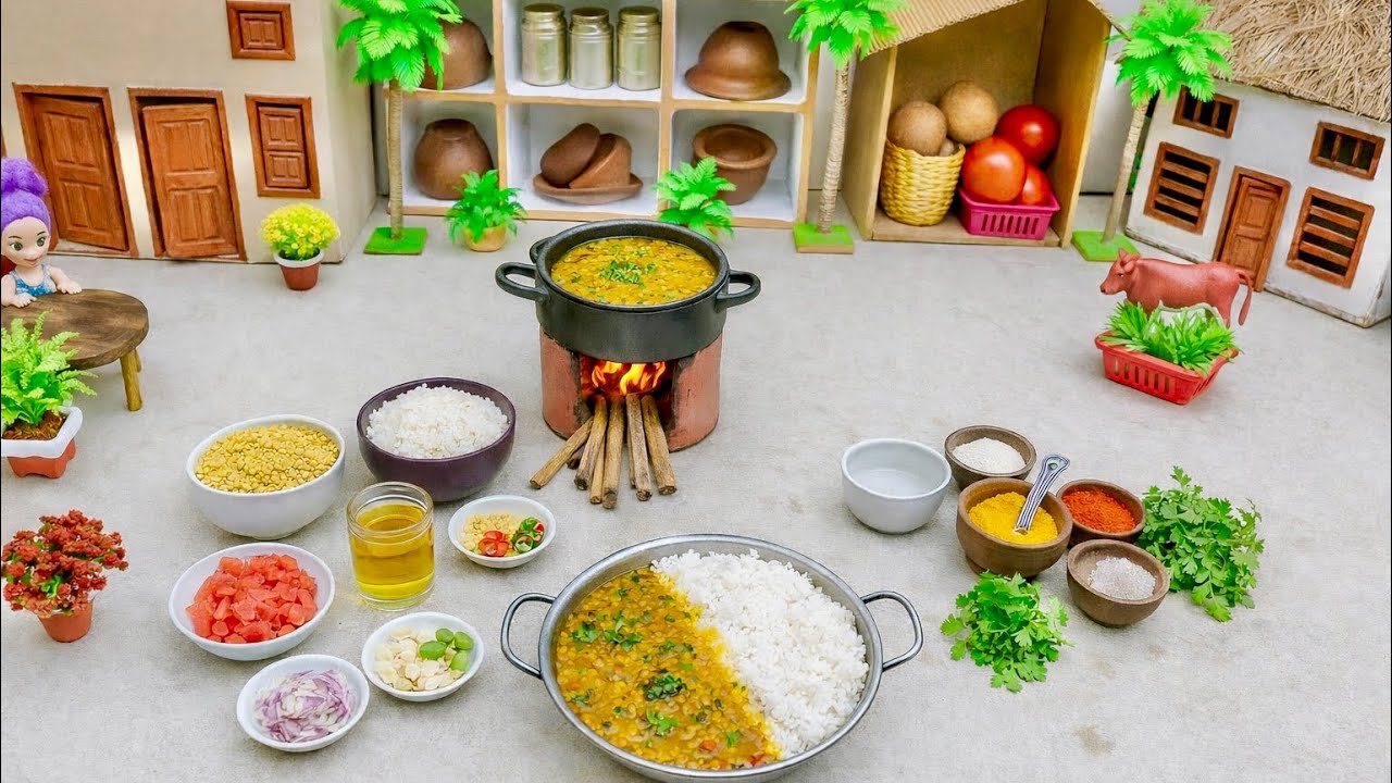 Village Style Miniature Dal Chawal Recipe | Real Mini Cooking ASMR | Miniature Village Cooking