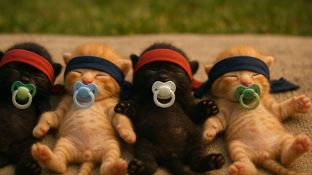 Hilarious Ninja Training with Ginger Mama Cat, Black Papa Cat, and the Babies