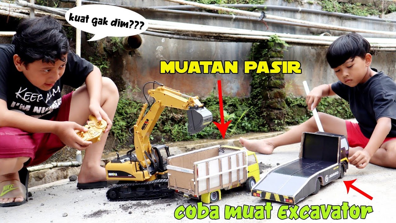experimen mainan truk towing dari kardus coba muat huina excavator, bisa gak ya...