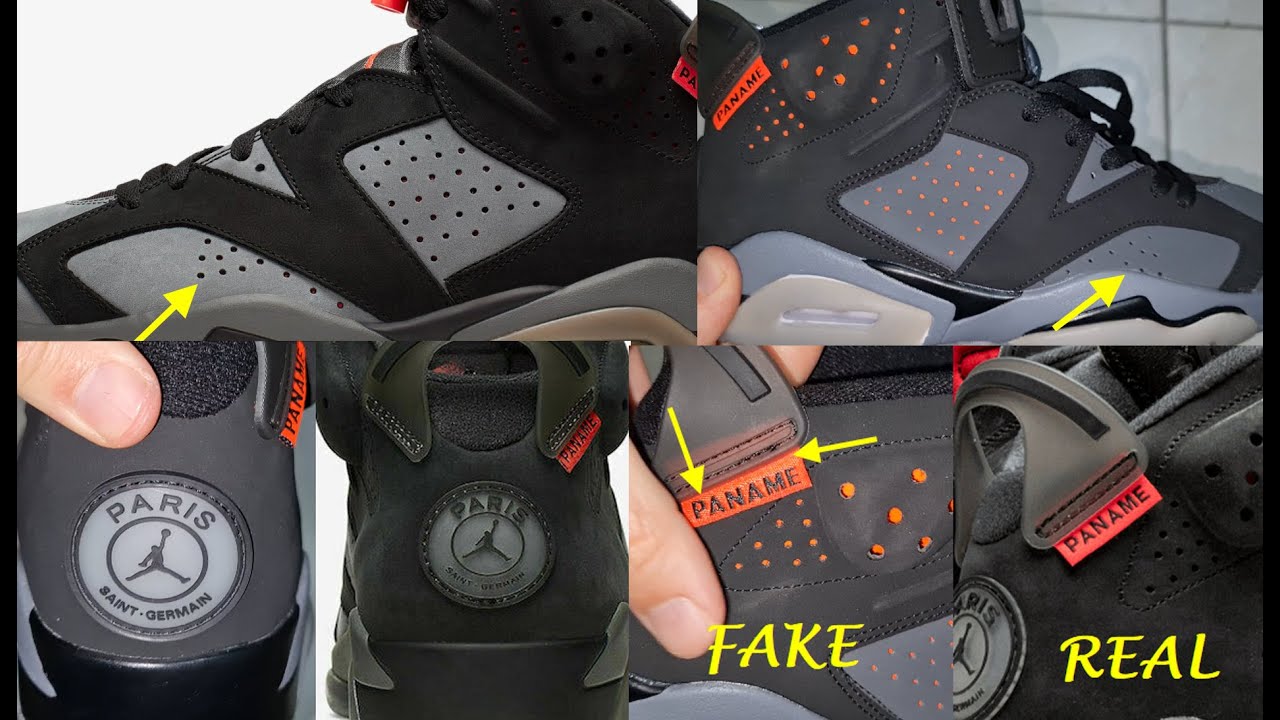 Air Jordan 6 Paris Saint Germain real vs fake. How to tell fake Nike Jordan 6 PSG sneakers