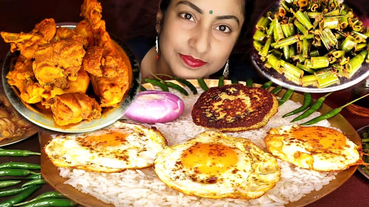 CHICKEN KOSHA, POSTO BORA,EGG POACHED PANTA BHAT WATER RICE EATING INDIAN MUKBANG ASMR #bigbites