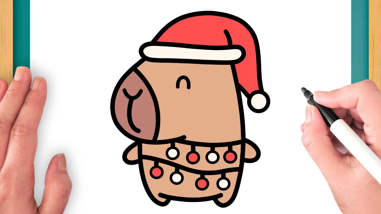 Cómo Dibujar Un Capibara Kawaii Envuelto En Luces De Navidad - Dibujo Fácil Paso A Paso