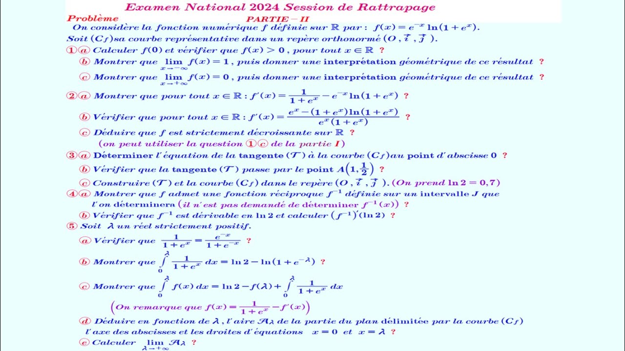 Problème  Étude D’Une Fonction  — Examen National 2024 Rattrapage Partie II  2 Bac  Pc Svt Mateo