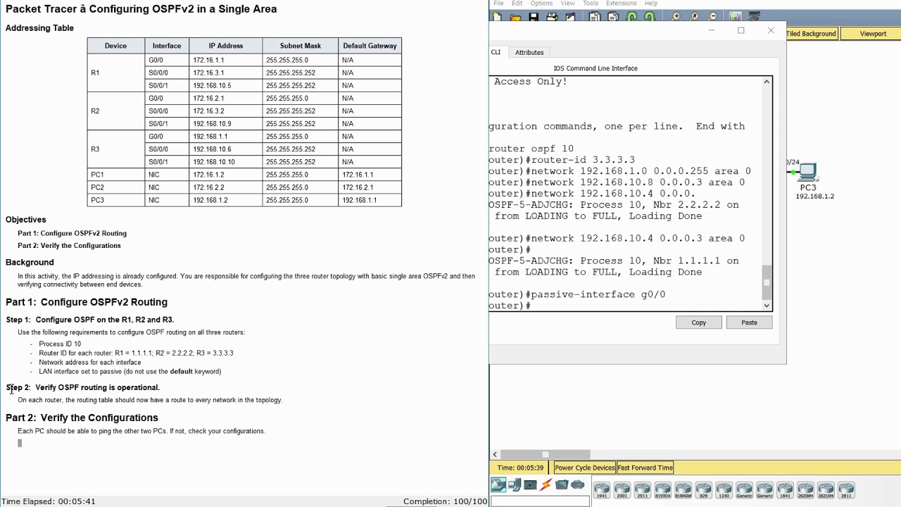 [CCNA v6] Packet Tracer 8.2.2.7 Configuring OSPFv2 in a Single Area