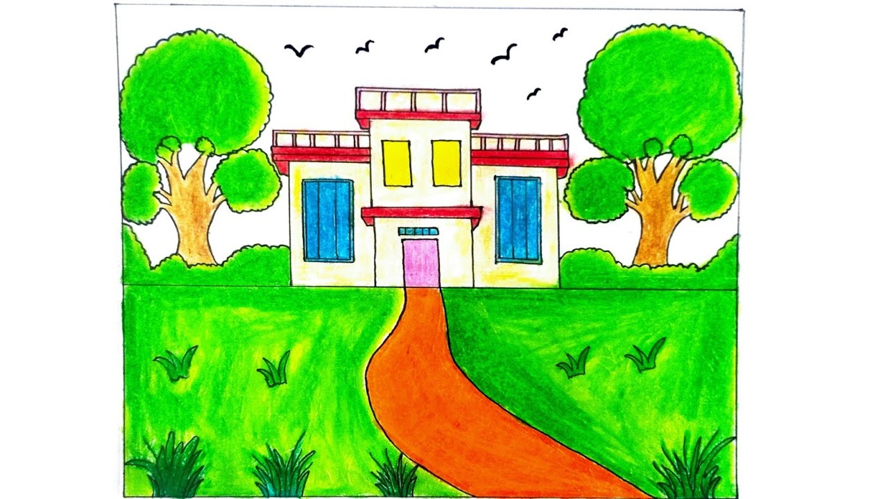 How to draw a home easy | With garden | Easy Drawing | House Drawing | Garden Drawing | Kids Drawing
