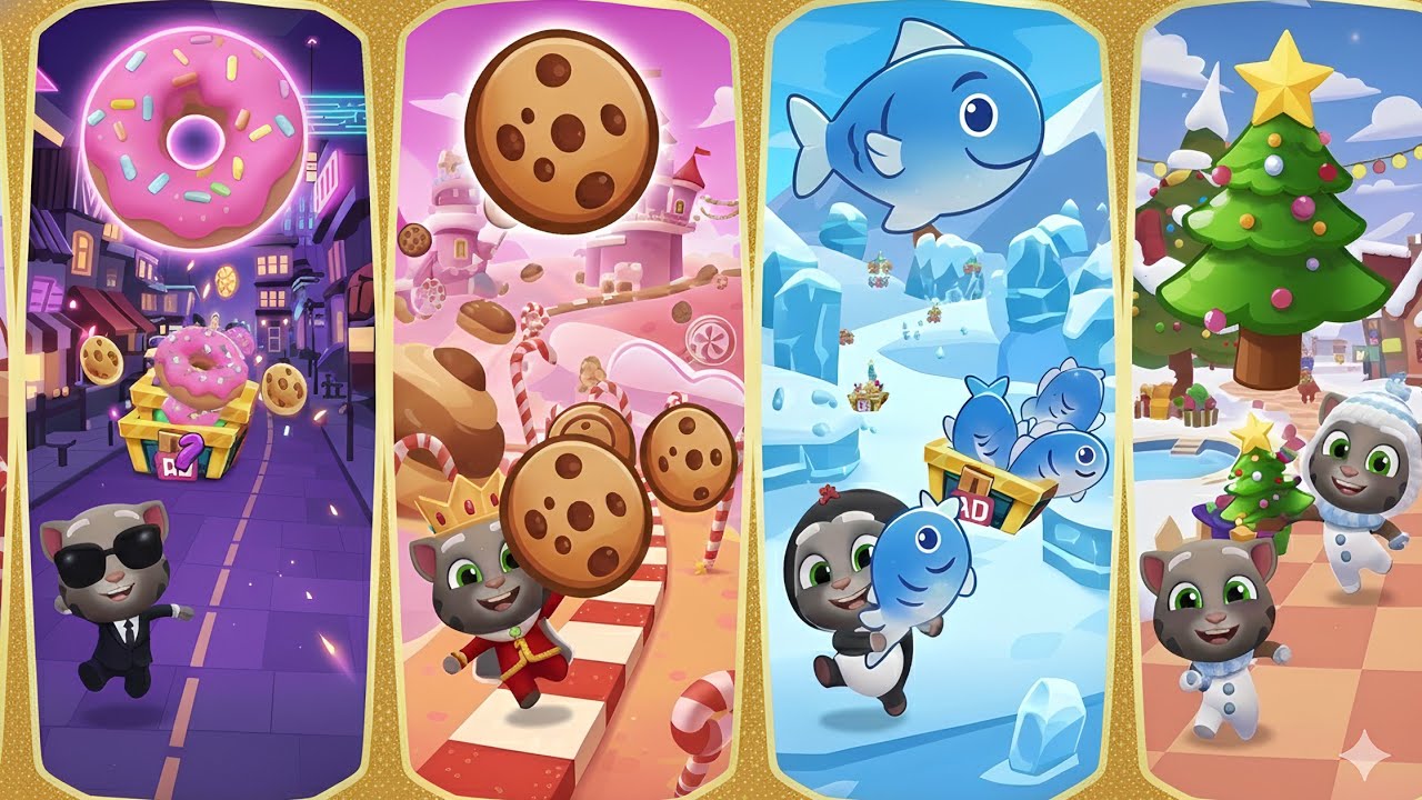 Talking Tom Gold Run all events Agent Tom vs King Tom vs Penguin Tom vs Snowman Tom vs Roy Raccoon 