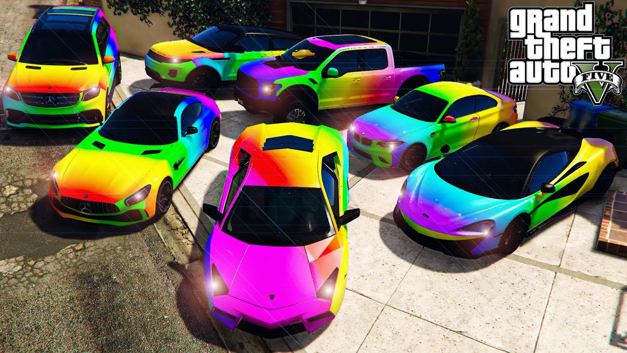 GTA 5 - Stealing RAINBOW Luxury Cars with Franklin! (GTA V Real Life Cars)