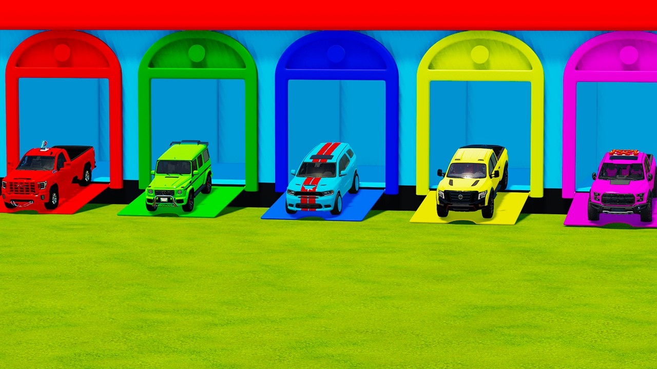 TRANSPORTING FIVE COLOR CARS GMC DENLI, MERC G65, DODGE, NISSAN, FORD F150 - Farming Simulator 22