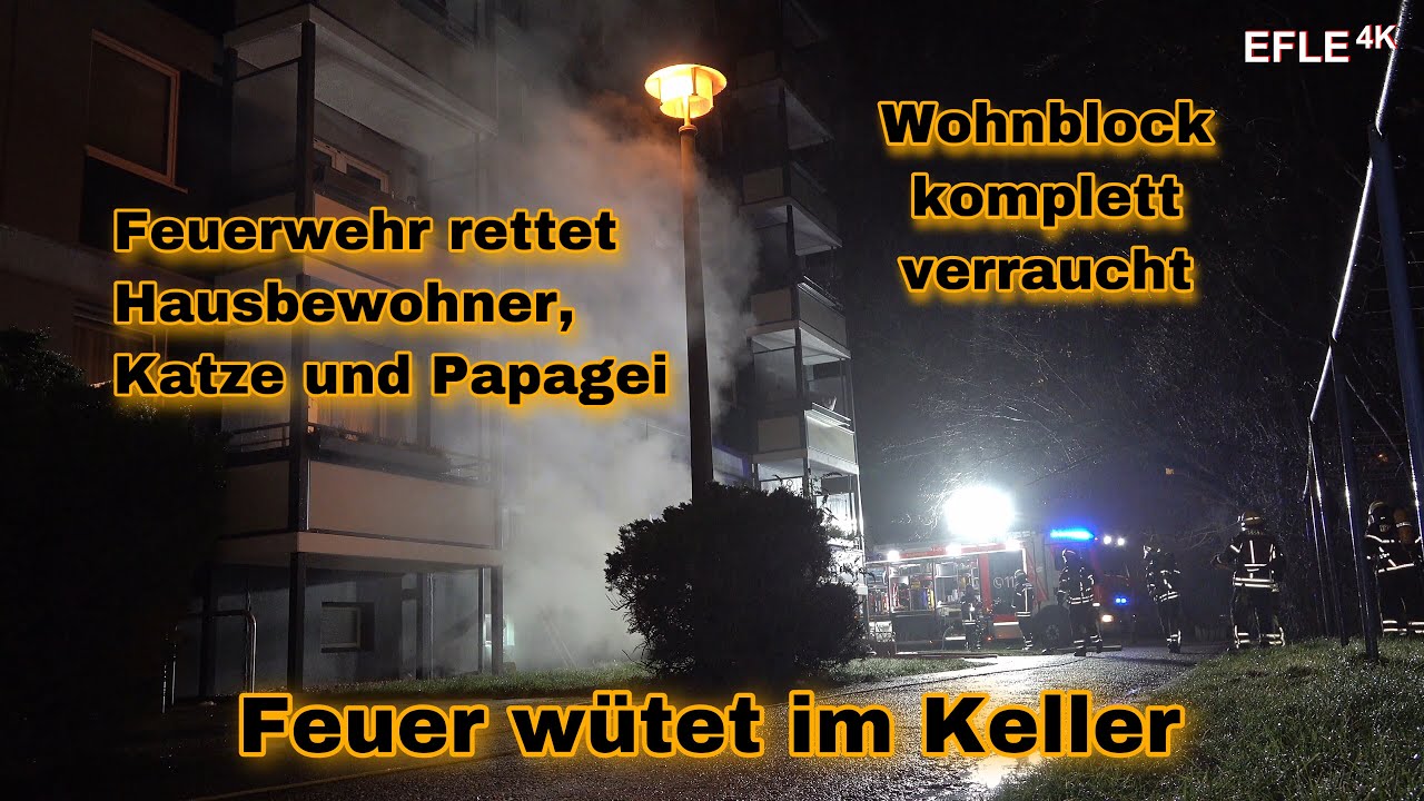 Massiver Kellerbrand in Wohnblock / Feuerwehr stundenlang im Einsatz in Leipzig-L&ouml;&szlig;nig [23.01.2022]